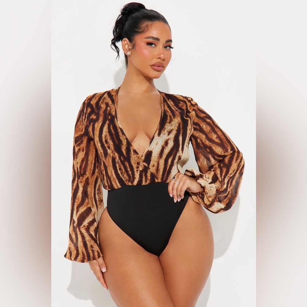 Women's Brown Tiger Print Bodysuit Top